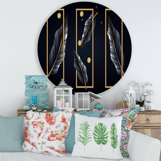 Designart - Black Tropical Leaves With Golden Rectangles